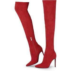Women Red Suede Pointed Toe 4.3 inch Stilettos Thigh High Heels Stretch Boots
